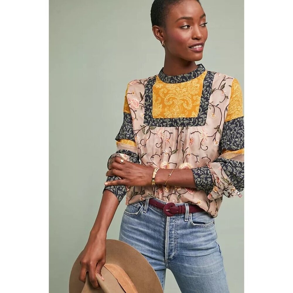 Anthropologie Let Me Be Love Actually Patchwork Silk Blouse - Picture 1 of 10